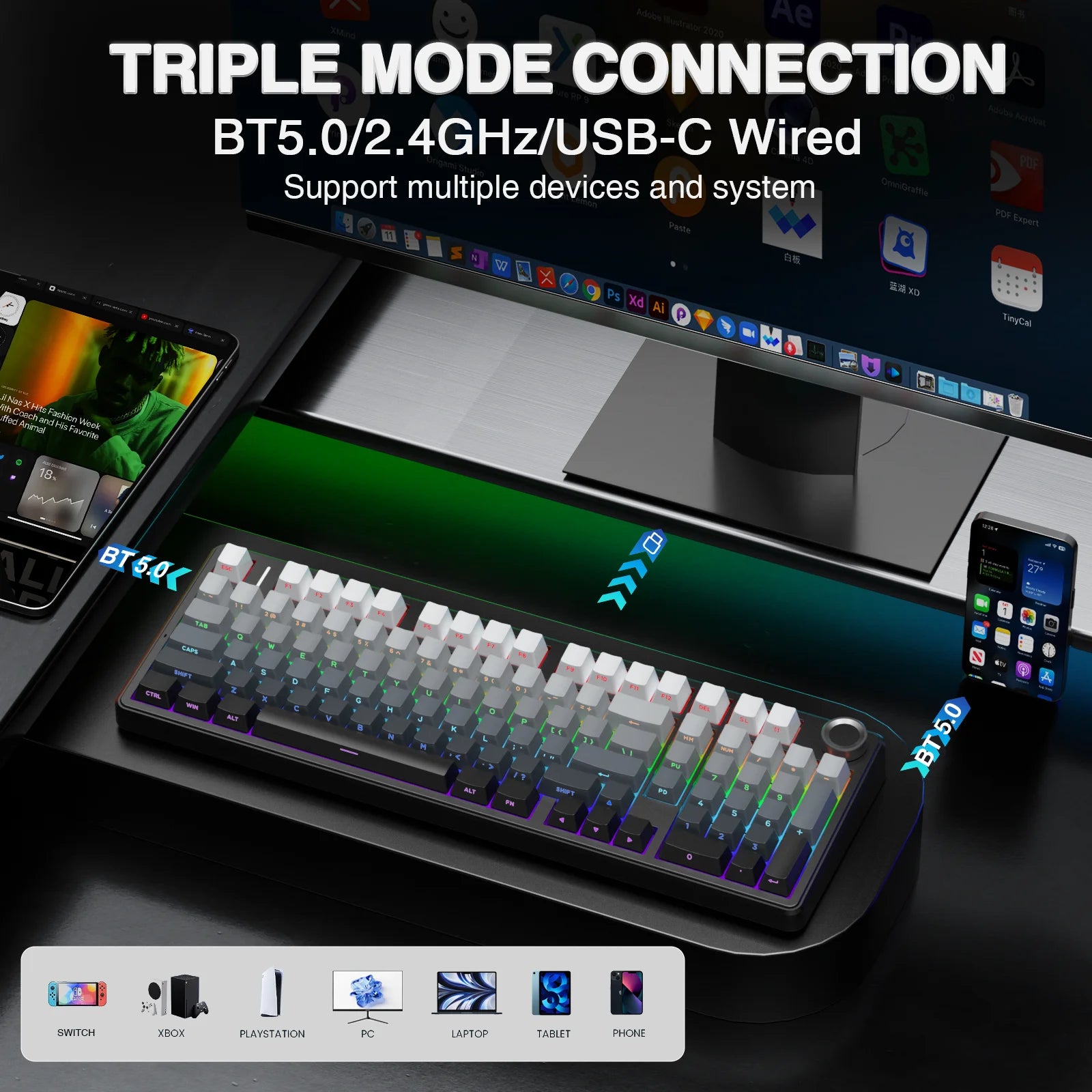 F99PRO Wireless Gaming Keyboard Gasket Structure Compatible with 3/5 Pins Hot-Swap Mechanical Keyboard with Media Knob
