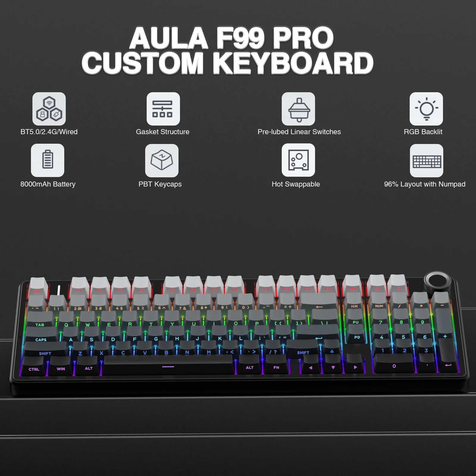 F99PRO Wireless Gaming Keyboard Gasket Structure Compatible with 3/5 Pins Hot-Swap Mechanical Keyboard with Media Knob